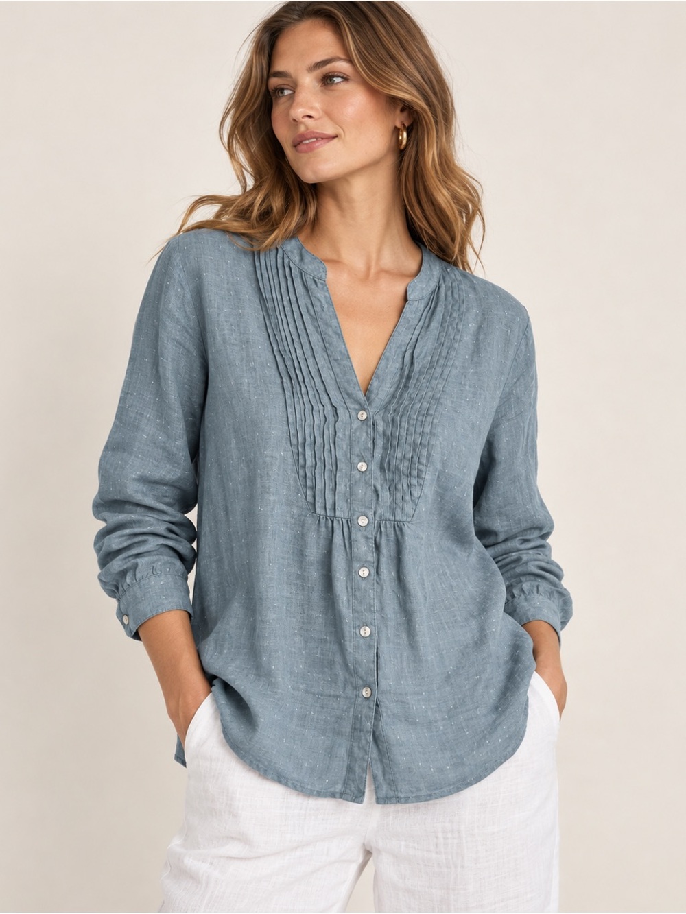 Monsoon 100% Linen Blue Pintuck Button Front Blouse UK Size 20 / US Size 16